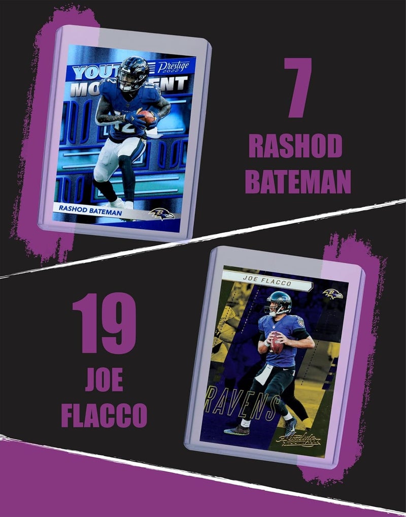 Chaser Baltimore Ravens Cards: Lamar Jackson, Derrick Henry, Zay Flowers, Mark Andrews, Justin Tucker, Rashod Bateman, DeAndre Hopkins, Joe Flacco ASSORTED Football Stars & GOATs Trading Card & Wristbands Gift Pack - Image 4